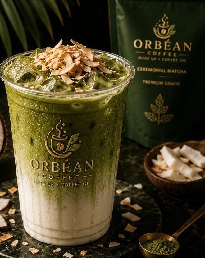 An Orbéan signature matcha, spotlit on a dark surface